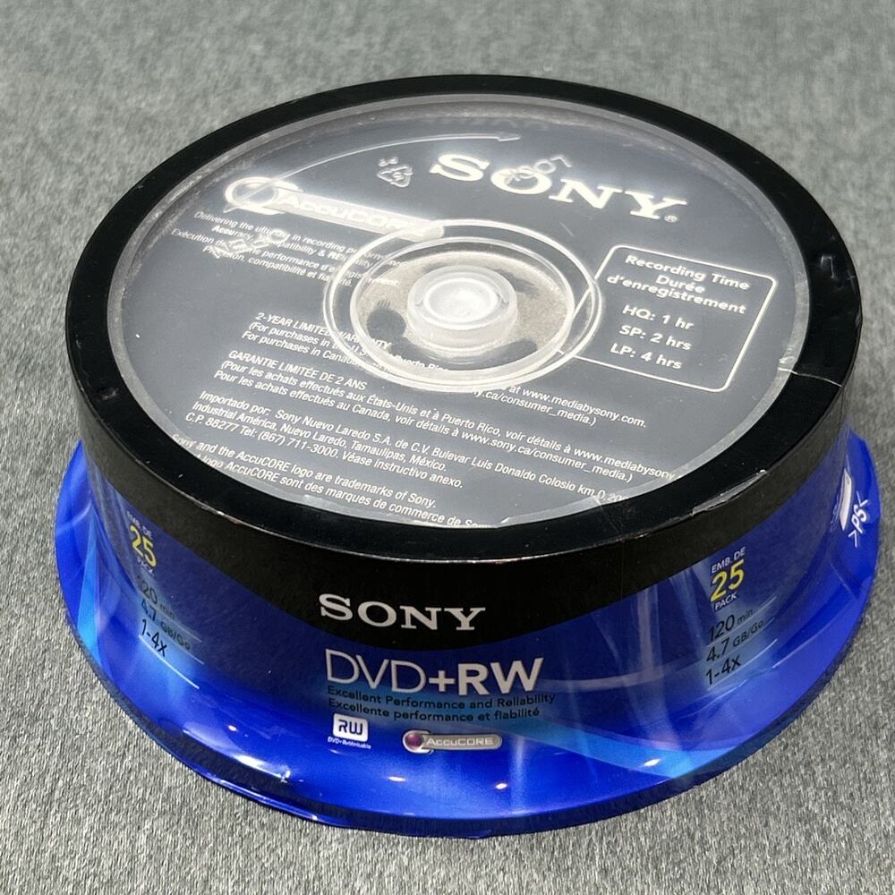2007 NOS Sony DVD+RW 1-4x 4.7GB 120Min 25 Pack BRAND NEW SEALED Discs Spindle